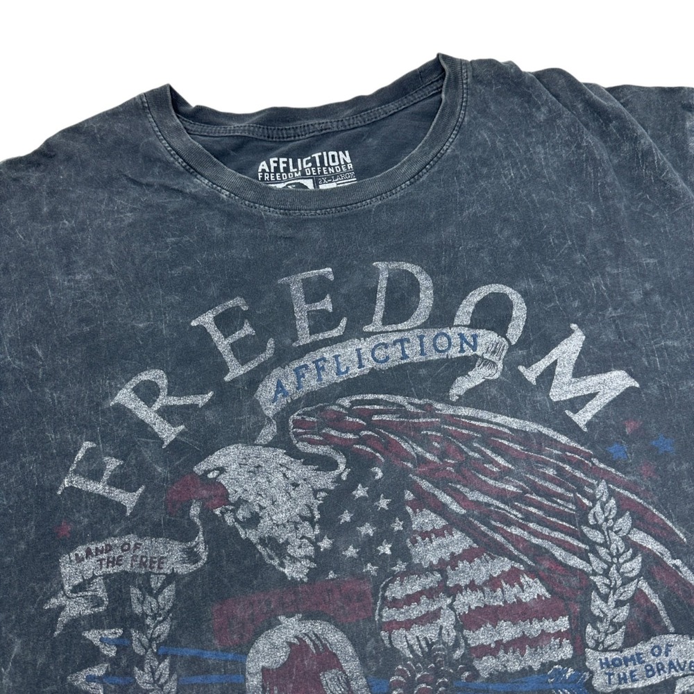 AFFLICTION Freedom Defender Gray Black Contrast Stitch T-Shirt Grunge Flaws 2XL